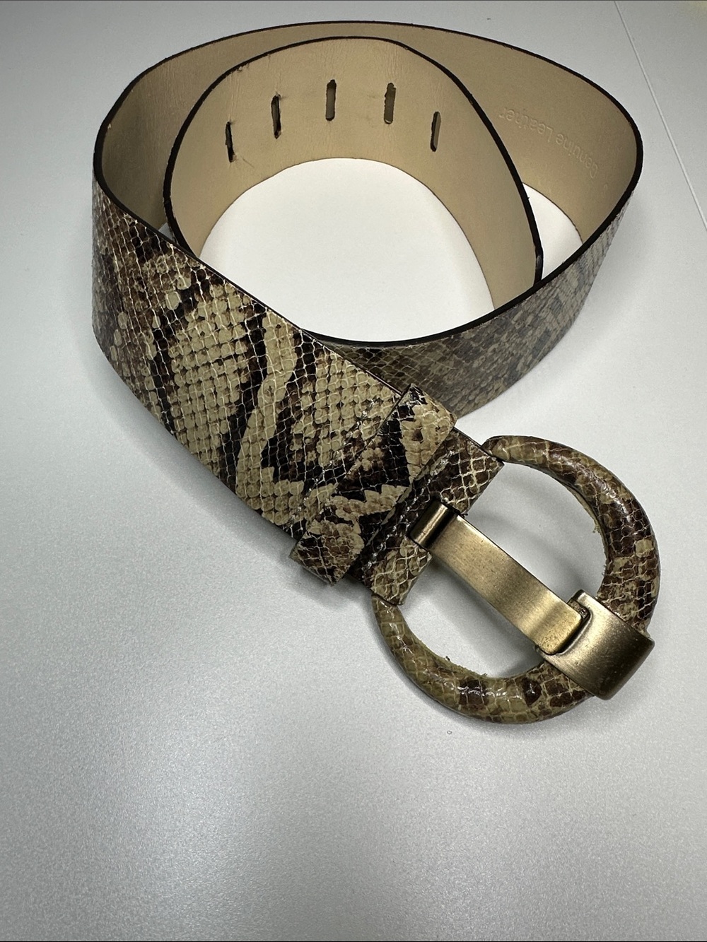 Women’s Snake-Print Wide Belt with Round Buckle Beige/Brown 28-31”